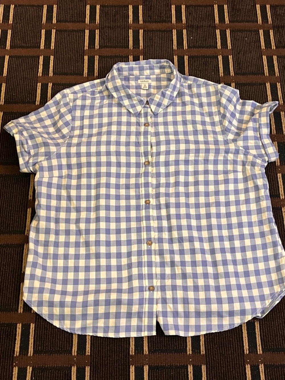 Women’s LL Bean Blue Plaid Button Up Tshirt Shirt XL Summer Spring Short (624)